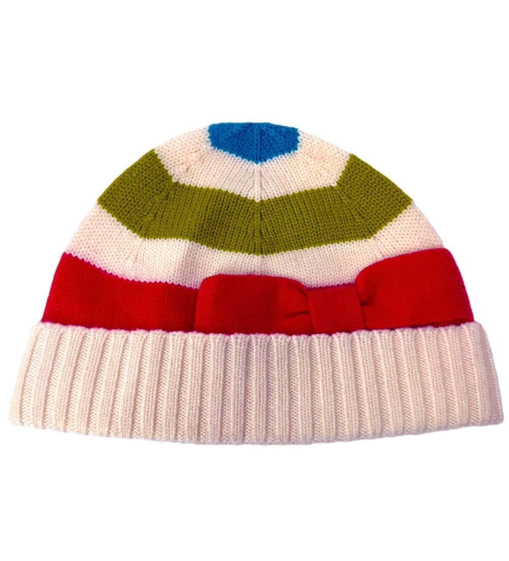 Kate Spade 100% Wool Beanie Hat One Size White Multicolor Striped Red Bow Ribbed